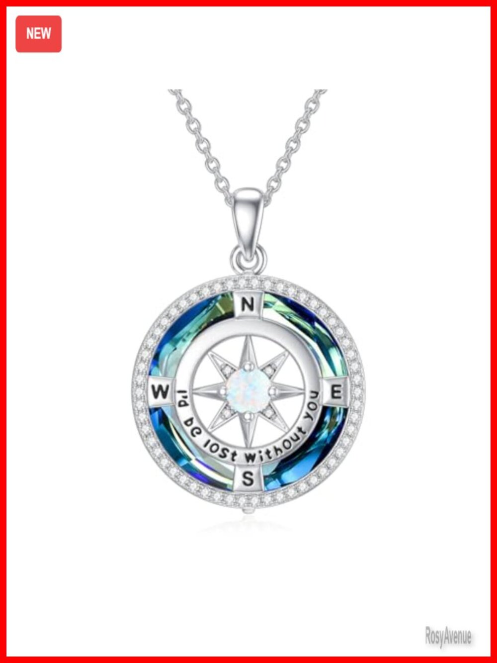 Compass Necklace 925 Sterling Silver White Gold Plated Pendant